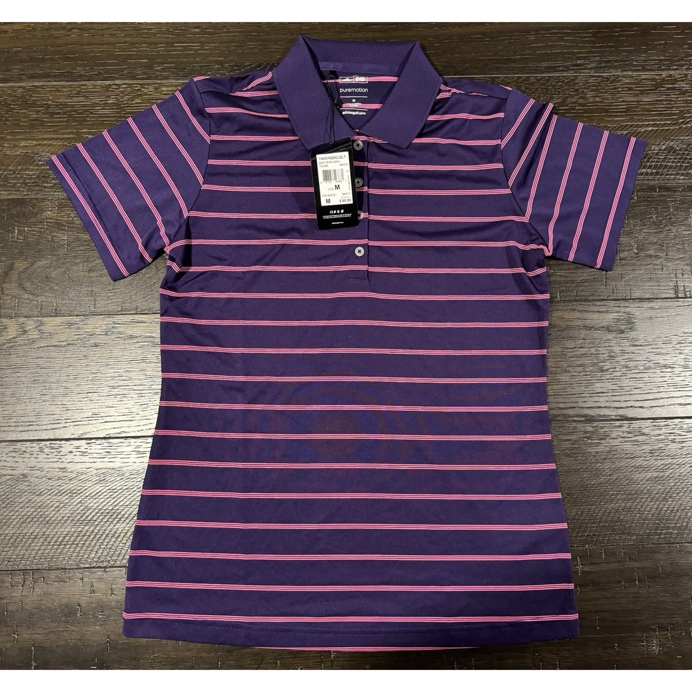 NWT Adidas Golf Womens Medium M Puremotion Striped Polo Shirt Purple Pink Z94673